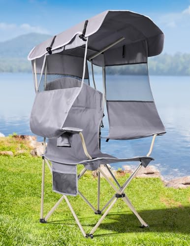Docusvect Folding Camping Chair with Shade Canopy for Adults, Canopy Chair for Outdoors Sports with Cup Holder, Side Pocket for Camp, Beach, Tailgates, Fishing - Support 330 LBS | Full Sun Protection, 330 LBS Heavy Duty, Cup Holder, Side Pocket, Beach Chair with Canopy for Camp, Beach, Outdoors Sports