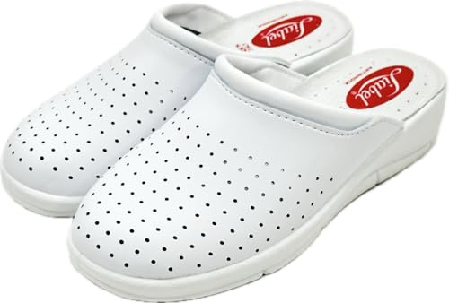 Zuecos sanitarios profesionales, piel blanca perforada, cómodos y ligeros, Color blanco., 38 EU