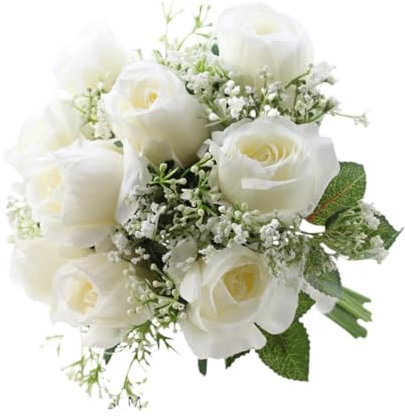 Milageto Bouquet da sposa da sposa, bouquet da sposa, eleganti rose artificiali, fiori di fiori della sposa che si tengono per la cerimonia, Bianco