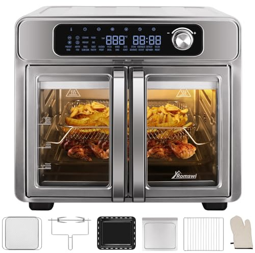 Romswi 26QT French Door Air Fryer Toaster Oven Combo, 24 Cooking Functions and Digital Controls, Fits 12 Pizza, 6 Slices of Toast, Rotisserie 6lb Chicken, 6 Accessories Included