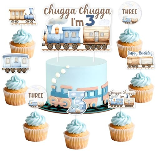 kreat4joy Decoración de tren para 3er cumpleaños, 25 piezas Chugga Chugga I'm Three Cake Topper Choo Choo Cupcake Topper Impresión de doble cara para niño Tema de tren retro decoración de tercer