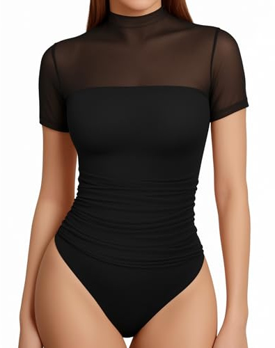 MANGOPOP Women's Mock Turtle Neck Short Sleeve Bodysuit Mesh Sheer Ruched Body Suit Sexy Going Out Summer Tops, Short Sleeve Black, Large
