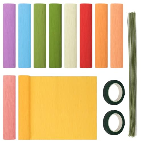 Mardatt 62 Stück Crepe Papier Blume DIY-Kits, 10 Rollen 10 x 98 Zoll Regenbogen Crepe Papierblätter mit 50 Stück Blumen Draht Stamm, 2 Rolle Blumen Band, 10 Farben