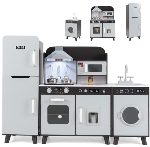 GOPLUS Cuisine en Bois Enfant, Jouet de Cuisine d'angle avec Effect Sonore et Lumières, Réfrigérateur, Machine à Laver, Hotte, Micro-Ondes, Rangement, Cuisine Modulaire de Jeu pour 3+ Ans (Brun)