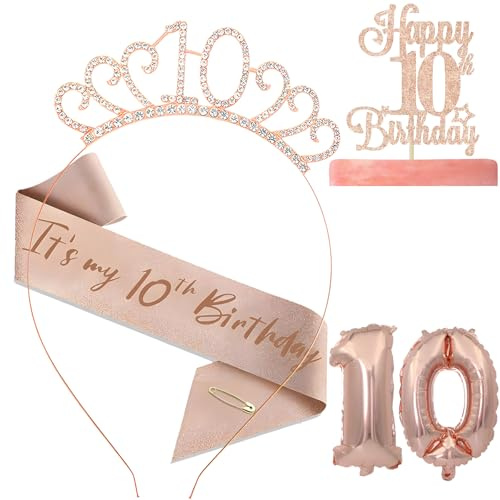 10th Birthday Decorations for Girls, 5-Piece Rose Gold Party Set, Includes Sash, Tiara, Cake Topper and Balloons, Perfect for 10th Birthday Party Decor and Gifts