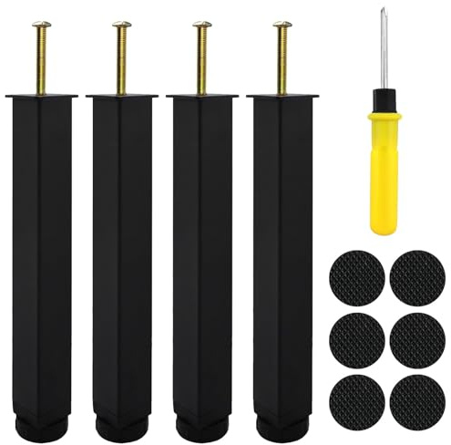BORISCA Nero Regolabili Piedi per Mobili, 25cm Piedi Letto Piedini per Letto Universali per Mobili Quadrato Acciaio Piedini Regolabili per Contenitore, con Cuscinetti Antiscivolo, Cacciavite