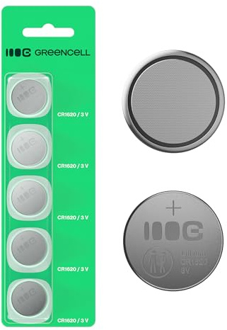 Greencell CR1620 Lot de 5 Piles Bouton au Lithium 3 V 70 mAh | Fiables et Durables - Idéales pour les Clés de Voiture, les Télécommandes et les Appareils électroniques