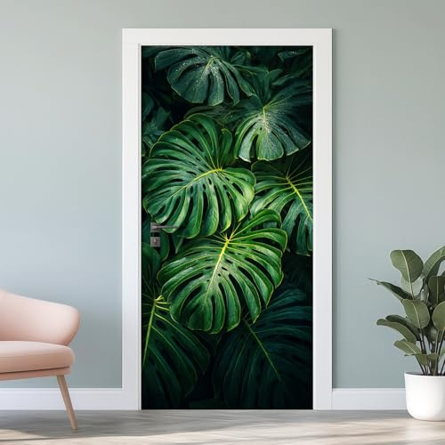 3D Grüne Blätter Türfolie, Palmblätter Fototapete Selbstklebend Türaufkleber, 77x200 cm, Monstera PVC Wandaufkleber für Schlafzimmer Küche Wohnzimmer Badezimmer Deko H4a46