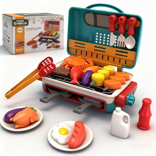 CATCHLUCK Kids BBQ Toy Grill Set, Play Kitchen Set with Spray Sound, Role Play Learning Toys for Toddlers Girls Boys (Barbecue)