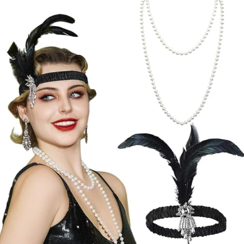 THQAE Lot de 2 Serre-tête à Plumes Des Années 1920 Thématique D'accessoires Gatsby Showgirls des Années 1920 Bandeau Collier de Perles