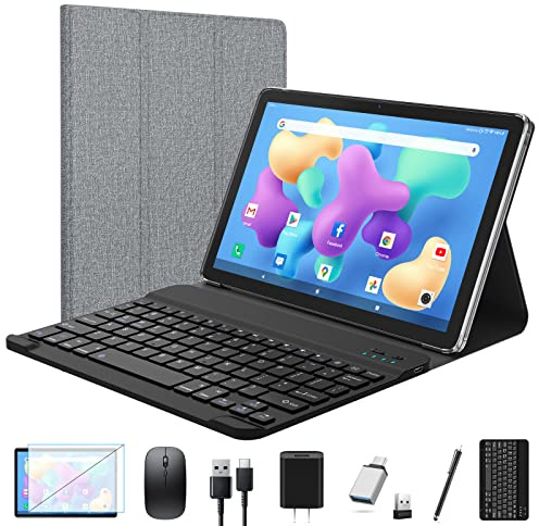FEONAL Android Tablet 10 Zoll,2-in-1 Tablet Mit Tastatur,5G WiFi Android 14 Tablets PC - 8GB RAM+128GB ROM(1TB TF), Bluetooth 5, Octa-core,1080FHD, 21MP Kamera,8000mAh,GMS-Zertifizierung,GPS/OTG-Grau