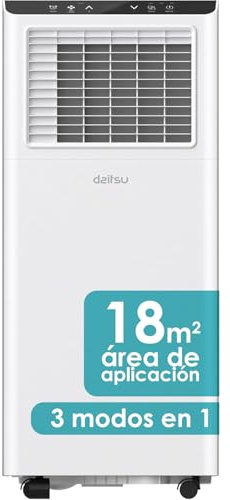 Daitsu Aire acondicionado portátil 3 en 1: Frío, Deshumidificador, Ventilador | Hasta 18 m² | Clase A | Mando inalámbrico | Compacto y Silencioso | Modelo Aeris Cool APD-07FXA