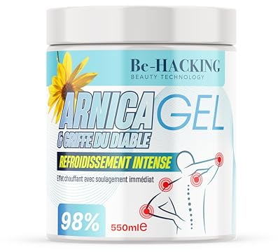 Be-HACKING Arnica Gel Forte + Griffe du Diable 550ml, Gel Froid Effet Glacé Intense, Crème Arnica Concentrée 98%, Gel de Massage Jambes Lourdes, Crèmes de Massage Corps, Made in Italy