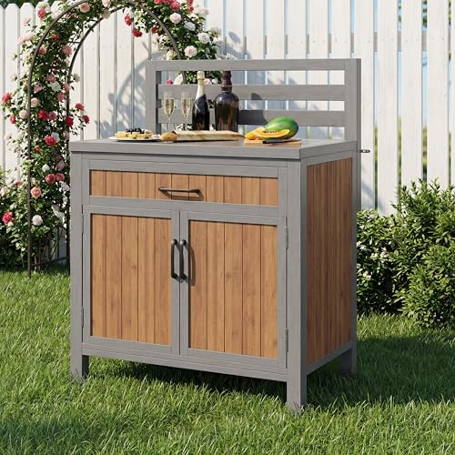 Xwiny Gartenschrank aus Holz, Outdoor Wetterfest Geräteschrank, Outdoor-Schrank mit Großer Arbeitsfläche & Schublade, Grillstation mit Verstellbaren Regalen, 80x51x119 cm, Massivholz, Natürlich