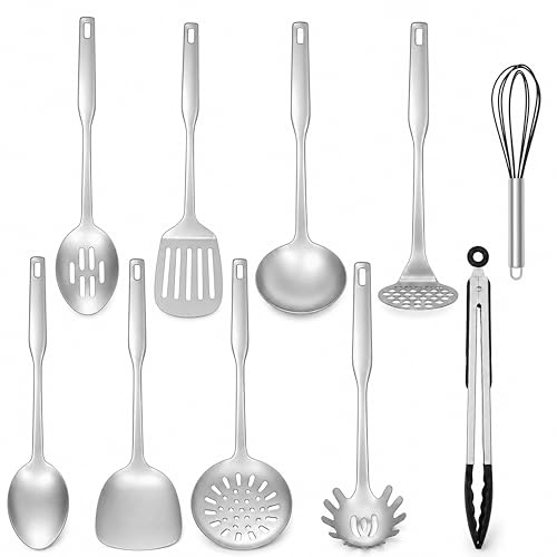 Onader 10Pcs Kitchen Utensils Set, Stainless Steel Cooking Utensil Set | Metal Kitchen Gadgets with Spatulas Turners Spoons and Potato Masher for Cooking & Serving, Heavy-Duty & Dishwasher Safe