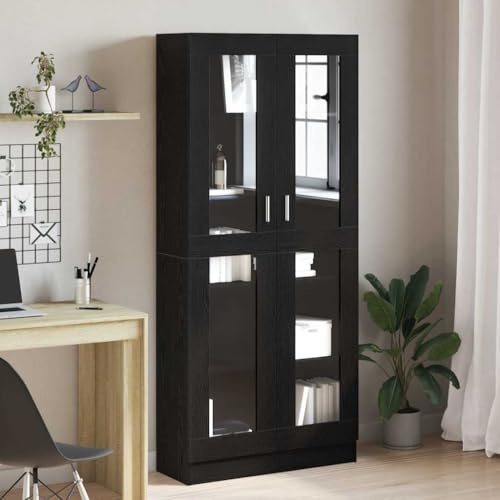 zylophax Libreria nera effetto rovere legno 82,5 x 30,5 x 185 cm con 2 ante in vetro, 5 scomparti per soggiorno, scaffale per libri e presentazione decorativa