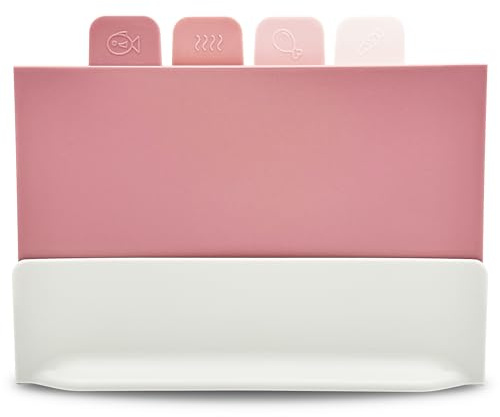 GEM+ | Chopping Boards Set of 4 with Stand, Plastic Cutting Boards with Holder, Food Prep Boards Set, Kitchen Chopping Board Set for Meat Fish Vegetables Bread, Hygienic Cutting Boards (Pink)