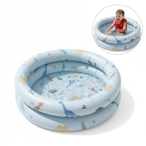 MIGIFTDY Vintage Dinosaur Blue Kids Paddling Pool,2 Ring Safety，90cm Outer Diameter, Cartoon Inflatable Baby Swimming Pool for Indoor Outdoor Garden Backyard Toddlers Boys Girls