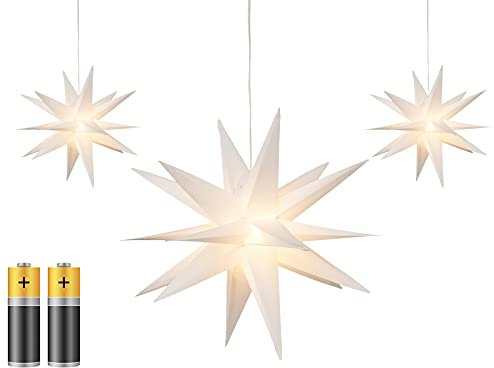 3er Pack 3D Leuchtstern - Weihnachtsstern mit warm-weißer Beleuchtung, für Innen und Außen geeignet, hängend, 100 cm Zuleitung, ca. Ø 25 cm, batteriebetrieben (weiß)