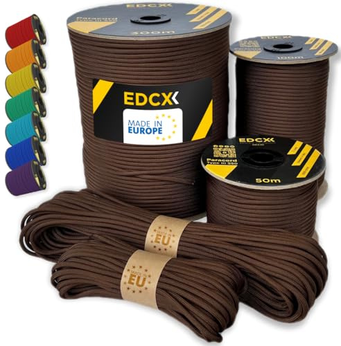 EdcX Paracord 550 Typ III 4 mm – 7 Kern-Strängen, 100% Nylon, reißfest bis 250 kg – 35+ Farben (10/15/30/50/100/300 m) – Survival-Seil, Fallschirmschnur, Zeltleine | Made in EU