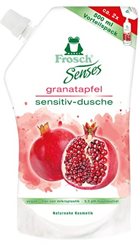 Frosch Senses Granatapfel Sensitiv-Dusche, Duschgel für empfindliche Haut geeignet, pH-hautneutral & vegan, ohne Mikroplastik, Körperpflege, klar, Nachfüllbeutel, 500 ml