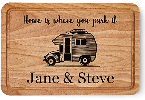 Personalised Chopping Board, Home is Where You Park it, Camping Gifts, Campervan Caravan Kitchen Beech Wood Cutting Board, Food Prep, New Home Gifts House Warming Gift