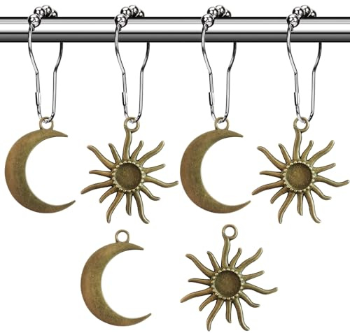Sun Moon Celestial Shower Curtain Hooks Rings - Mid Century Abstract Boho Shower Curtain Hooks, Minimalist Vintage Cute Shower Hooks,Chic Mystic Fantasy Goth Nature Bathroom Decor