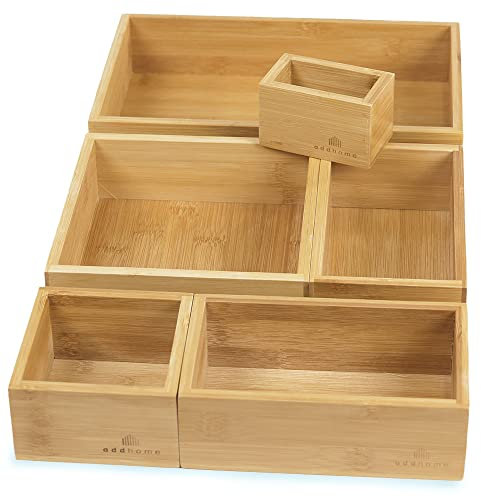 addhome Bambus Schubladen Organizer | 6 Schubladenboxen für vielseitige Anwendungsbereiche | praktisches Schubladen Ordnungssystem individuell kombinierbar