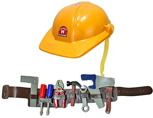 BEMIRO Werkzeuggürtel Kinder Baustelle - 10 Teile, Kinder Handwerkergürtel, Kinder Werkzeuge, Kinder Werkezeug Set, Kinder Werkzeug mit Kinder Bauhelm, Bauarbeiter Kinder Werkzeug