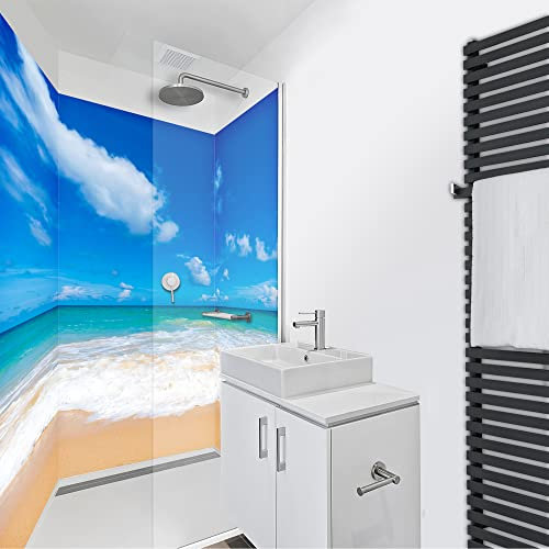 WANDFREUDE individuelle Duschrückwand Aluverbundplatte auf Maß (3 Stück - Welle am Strand - Premium Brillant Lack) – Dusche Wandverkleidung Duschwandverkleidung Duschrückwände