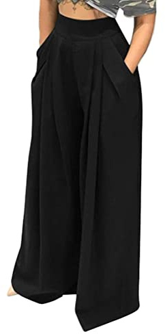 shownicer Pantaloni Donna a Vita Alta con Tasche a Gamba Larga Eleganti Estivi Solido Sciolto Gamba Dritta Palazzo a Vita Alta Elastico Casual Pantalone A Nero M
