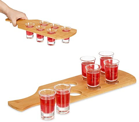 Relaxdays 6 Bicchieri da Shot con Supporto, Bicchierini in Vetro 4 cl, Vassoio in bambù, Idea Regalo, Marrone Chiaro, 7 x 40 x 14 cm