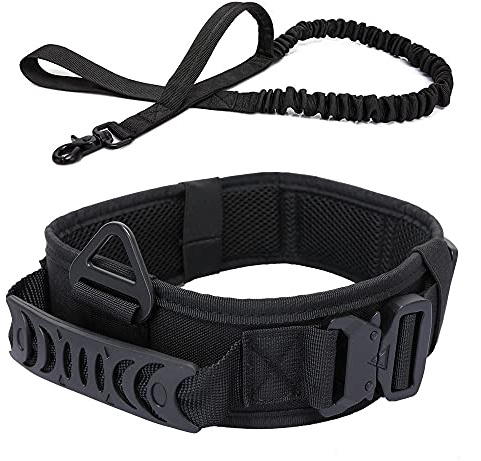 Vmokki Gepolstertes Hundehalsband & Hundeleine Taktisch Verstellbar Breit Hunde Halsband mit Kontrollgriff, Metallschnalle für Große Hunde Training Outdoor (Schwarz)