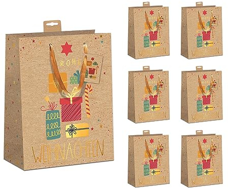 Geschenktüten Weihnachten DIN A5| Recycelter FSC®-Kraftkarton (200 g/m²) mit Baumwollband & Namenskarte | Verstärkter Rand & Boden | Reißfest & Robust | Weihnachtstüten (18x23x10cm), 6er Set