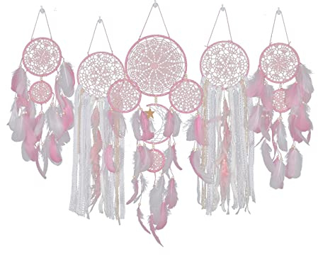 Paquete de 5 Atrapasueños Extragrandes de Macramé para Colgar en la Pared, Decoración Hecha a Mano con Plumas Tradicionales, Atrapasueños para Niños Y Adultos, Colgantes Creativos para el(rosa)