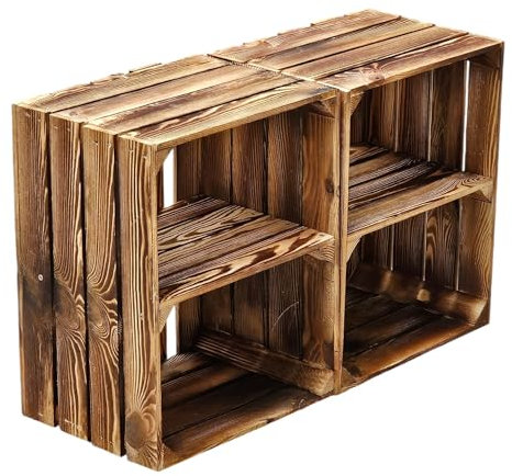 teramico Lot de 2 caisses en Bois flammé - Caisses à vin - Caisses à Fruits avec Planche Centrale/étagère intermédiaire - Étagère à Chaussures (Lot de 2/50cm, avec étagère Courte)