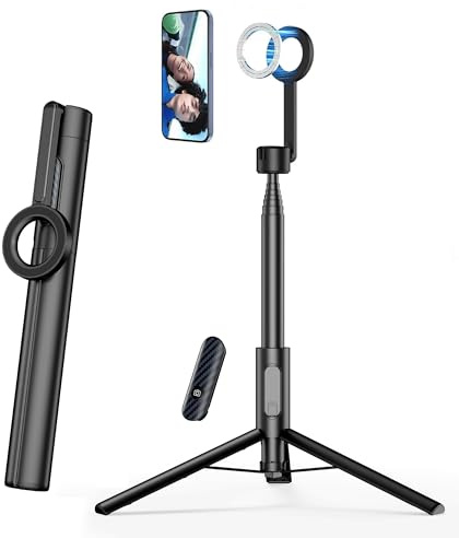 SEAJIC Magnetic Phone Tripod for iPhone 64 Selfie Stick with Remote and Metal Ring, Automatic Pop-up MagSafe Travel Tripod for Cell Phone Video Recording/Photography/Vlogging (Balck)