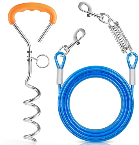 Chuiendi Dog Tie Out Cable and Stake, 10M/32.8FT Dogs Tether Training Line with Swivel Hook and Shock Absorbing Spring, Puppy Lead for Yard Outdoor and Camping for Small Medium Large Pet Up to 120 LBS