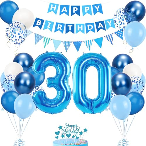 30. Geburtstag Deko Blau, Luftballon 30. Geburtstags, Geburtstagsdeko 30 Jahr, Mädchen 30 jahre Geburtstags Deko-Set, Zahl 30 Luftballons Tortendeko Blau Weiß Ballons für Geburtstag Party Deko