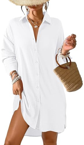 Tanmolo Damen Strandkleid Bikini Cover Up Sommer Strandbluse Strandhemd V-Ausschnitt Strandponcho Bademode Strand Vertuschen Shirt (Weiß,M)