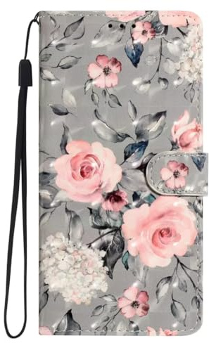 KRjcsfhy Hülle Case für iPhone 15 Pro, Lederhülle [ Premium Echtleder] [RFID Blocker] [Kartenfach] [Magnet] TPU Stoßfeste Klapphülle TPU Schutz für iPhone 15 Pro,Graue Blume