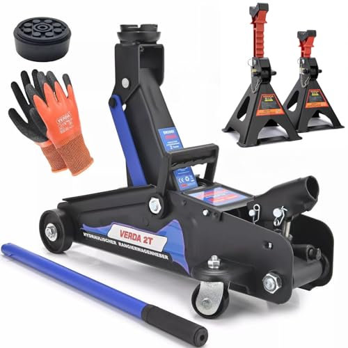 Verda Hydraulischer Wagenheber 2T, 140-310mm, Unterstellbock, Gummiauflage, Montagehandschuhe Extra Stabil Wohnmobil PKW Auto Heber Profi Rangierwagenheber Heber