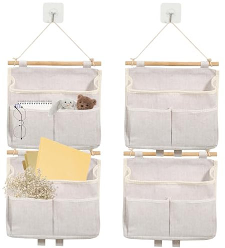 WIYETY 4 Stück Hängeorganizer Hängende Aufbewahrungstasche, Leinen Stoff Organizer Hängend, Hängetasche mit 4-Haken, Wand Hängeaufbewahrung, Faltbares Wandorganizer (Cremefarben)