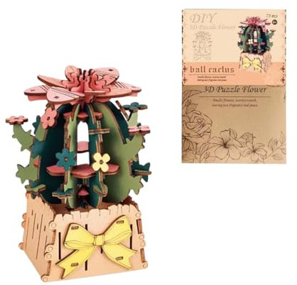 3D Flower Wooden Puzzles for Adults-Spherical Cactus, DIY Wooden Flowers Model Kit Building Set Crafts for Adults, Ideal Creative Gift Ideas/Housewarming (Kit Version/73+PCS)