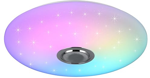 Reality Leuchten LED Deckenleuchte Musica R69031901, Schirm Kunststoff weiß mit Starlight Effekt, 33 Watt LED, Fernbedienung, Farbwechsel, Bluetooth Lautsprecher,