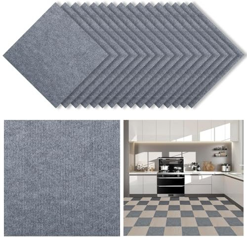 Self Adhesive Carpet Flooring Tiles, 16Pcs Anti-Slip Hard Wearing Carpet Tiles, Peel and Stick Floor Tiles Flooring Rugs for Office Living Room Bedroom 30 x 30cm (Light Grey)