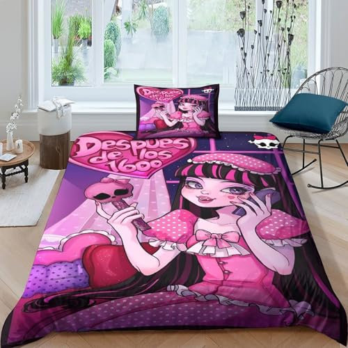Monster High 3D Gedruckter Animierte Figuren Für Kinder Mädchen Jungen Bettbezug Set Bettwäschegarnitur Reissverschluss Bettwäsche Weich Microfaser Und Kissenbezüge 3 Teilig Single（135x200cm）