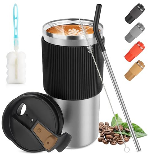 CS COSDDI Vaso térmico, taza de café para llevar, 450 ml, a prueba de fugas, taza de viaje con tapa, taza de café con tapa, taza de café para té, café, agua fría caliente (negro plateado)