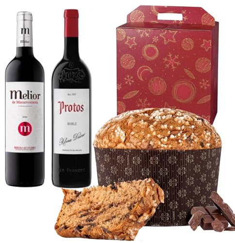 ENOVINOS Cesta Gourmet Regalo Navidad Empresas, Familia y Amigos - Caja con Vino Protos Roble, Melior Matarromera y Panettone Antonella Chocolate