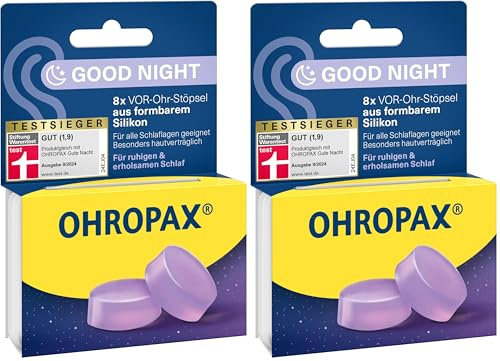 OHROPAX Good Night Ohrstöpsel – VOR-Ohr-Stöpsel aus formbarem Silikon – für alle Ohren und alle Schlafpositionen geeignet – Schalldämmwert SNR 23 dB – für einen ruhigen und erholsamen Schlaf – 8 Stück